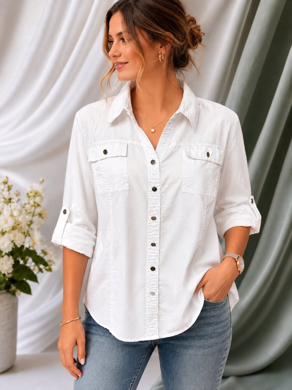 CJ Banks White Button Front Utility Shirt Plus Size 1X Roll Tab Sleeve Career